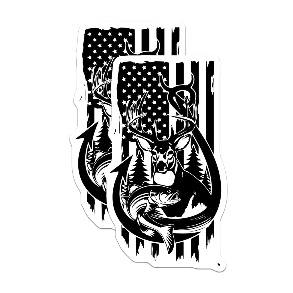 (2 Pack) American Flag Hunting Magnets - Distressed US Flag Deer Bass - Outdoorsman Fishing Angler Art - 5 Inches On Longest Side - Thick Durable Magnet - Made in USA - MAG19932