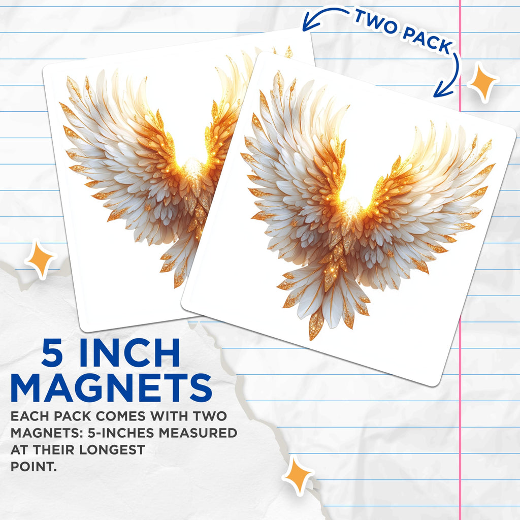(2 Pack) Majestic Angelic Wings Magnets - Golden White Glitter Feathers - Ethereal Sparkle Celestial Fantasy Decor Art - 5 Inches On Longest Side - Thick Durable Magnet - Made in USA - MAG23672