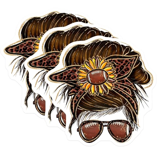 (3 Pack) Football Mom Decals - Messy Bun Leopard - Game Day Laptop Decal - 3 Inches On Longest Side - Easy Peel & Apply - Made in USA - 3MCS4960