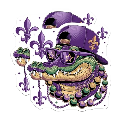 (2 Pack) Alligator Cool Sunglass Stickers - Mardi Gras Celebration - Fun Reptile Stickers - 5" On Longest Side - Sticks to Smooth Flat Surfaces - Made in USA - BMCS4135