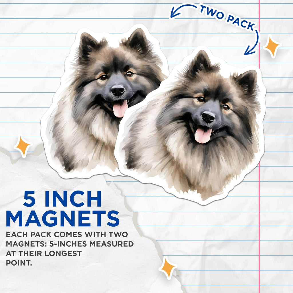 (2 Pack) Keeshond Dog Magnets - Watercolor Pet Portrait - Fluffy Puppy Lover Animal Art for Fridge - 5 Inches On Longest Side - Thick Durable Magnet - Made in USA - MAG29788
