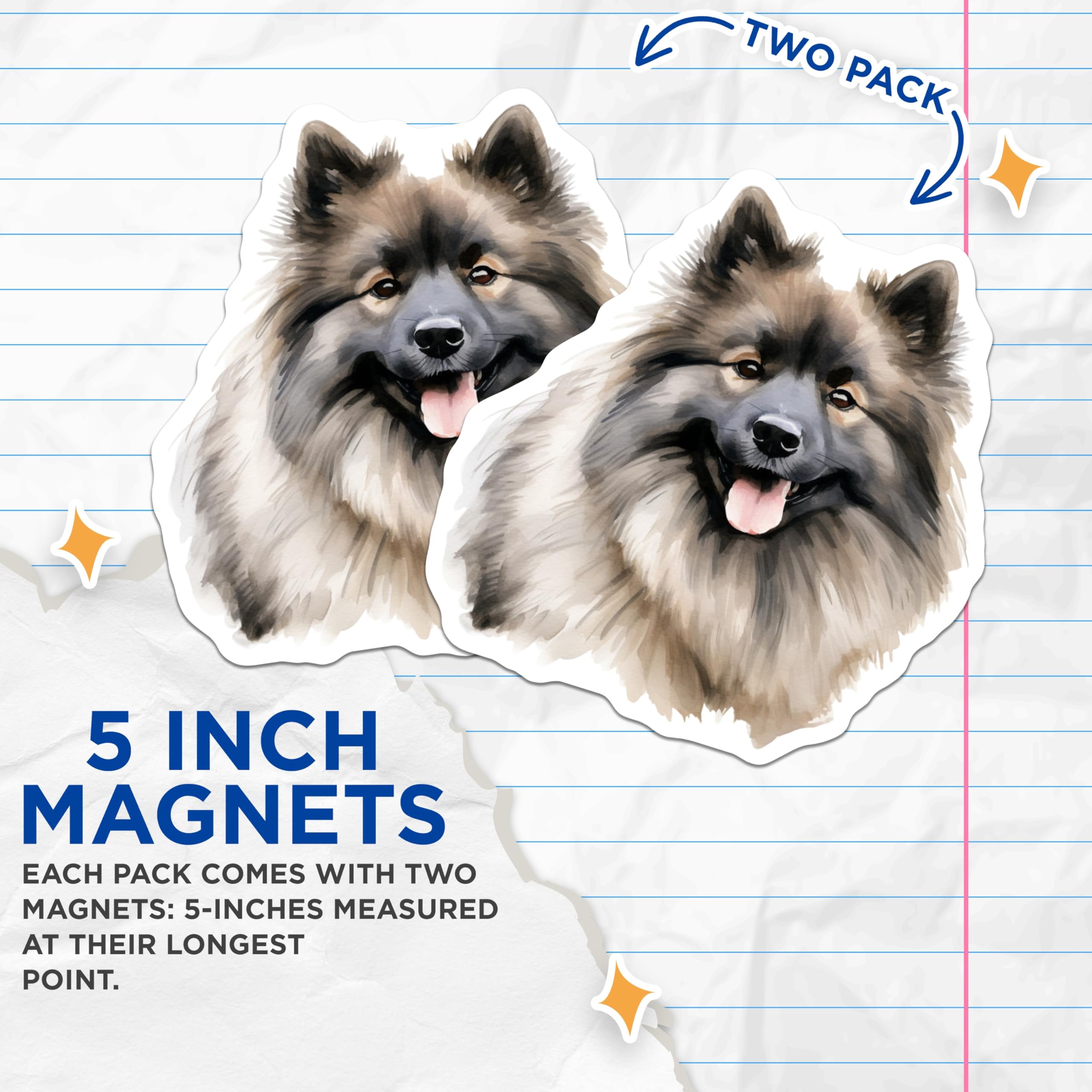 (2 Pack) Keeshond Dog Magnets - Watercolor Pet Portrait - Fluffy Puppy Lover Animal Art for Fridge - 5 Inches On Longest Side - Thick Durable Magnet - Made in USA - MAG29788