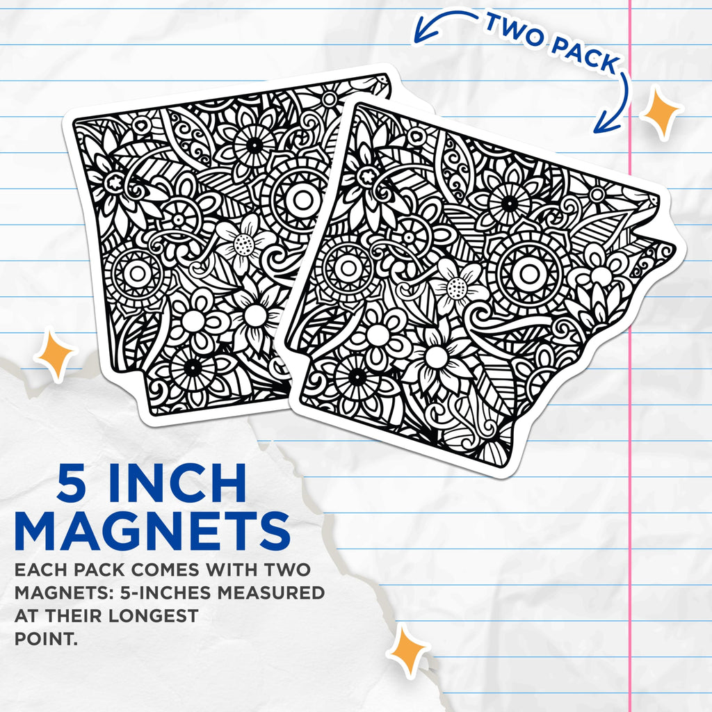 (2 Pack) Arkansas State Magnets - Intricate Floral Zen Design - Mandala Inspired Decor - 5 Inches On Longest Side - Thick Durable Magnet - Made in USA - MAG19177