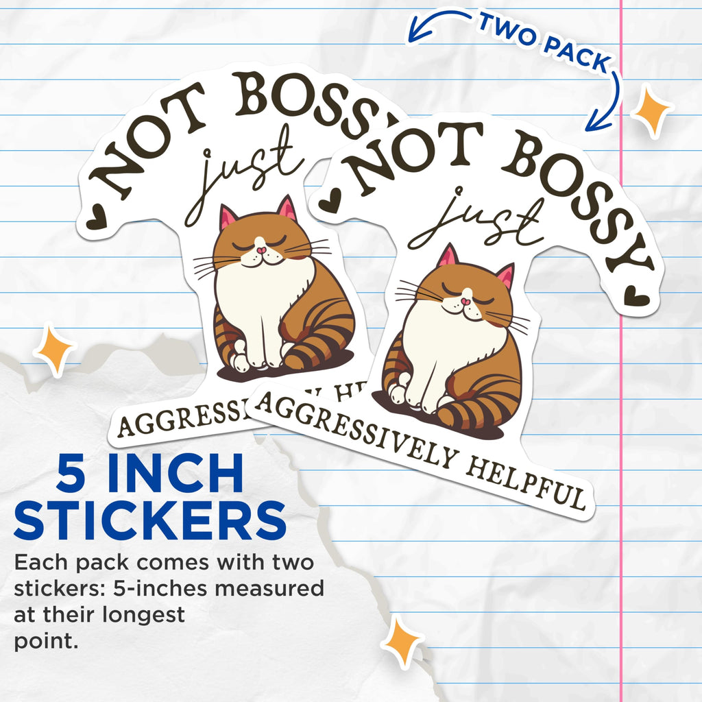 Bliss Monkey Co. (2 Pack) Not Bossy Just Aggressively Helpful Cat Stickers - Multicolor Vinyl Rectangular Cartoon Stickers - Ideal for Metal, Plastic, Glass - 5" Longest Side - Made in USA