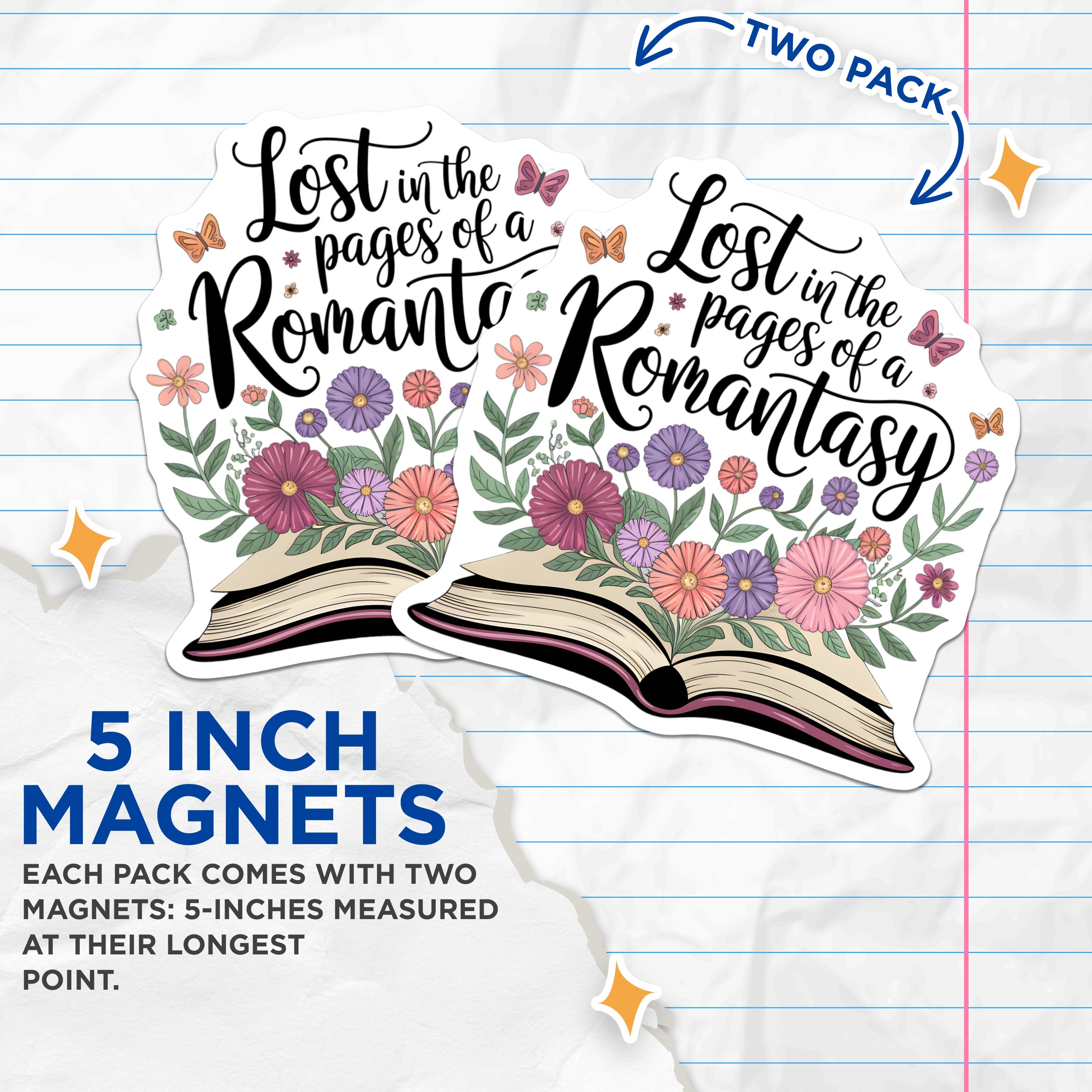 (2 Pack) Romantasy Book Lover Magnets - Fantasy Romance Reader Decor - Bookworm Floral Kitchen Accessory - 5 Inches On Longest Side - Thick Durable Magnet - Made in USA - MAG39716