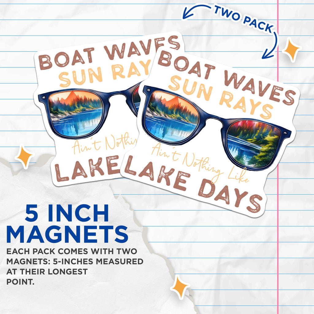 (2 Pack) Lake Life Magnets - Boat Waves Sun Rays - Summer Vacation Cabin Decor - 5 Inches On Longest Side - Thick Durable Magnet - Made in USA - MAG36790