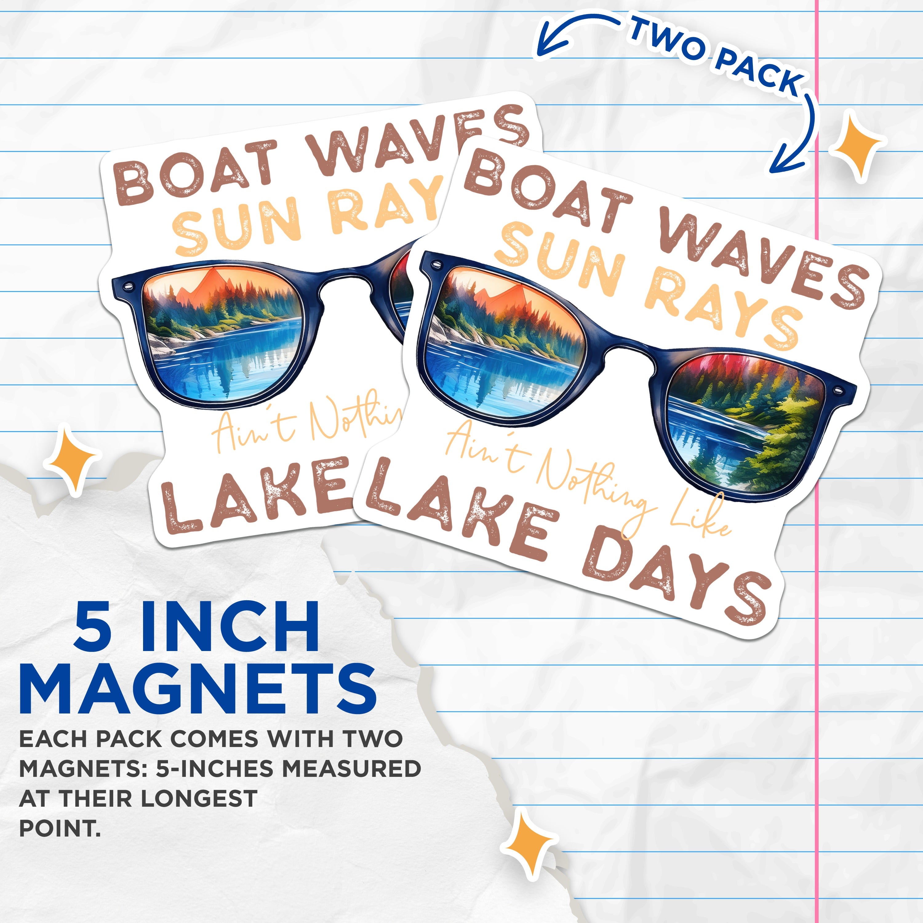 (2 Pack) Lake Life Magnets - Boat Waves Sun Rays - Summer Vacation Cabin Decor - 5 Inches On Longest Side - Thick Durable Magnet - Made in USA - MAG36790
