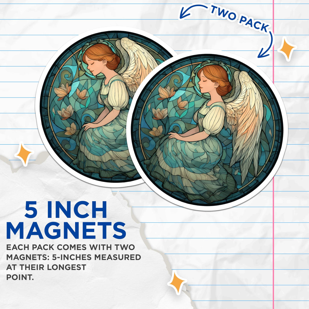 (2 Pack) Angel Magnets - Stained Glass Angel Decor - Angel Art Refrigerator Magnets - 5" On Longest Side - Premium Magnet - for Cars, Refrigerators, Toolboxes, Lockers - Made in USA - MAG15453