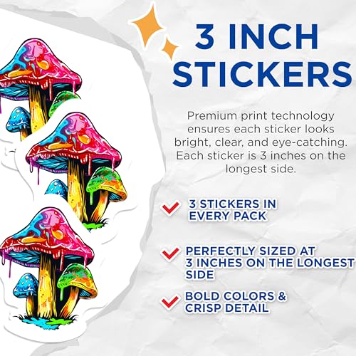 (3 Pack) Trippy Mushroom Decals - Psychedelic Art Stickers - Laptop Decoration - 3 Inches On Longest Side - Easy Peel & Apply - Made in USA - 3MCS1181