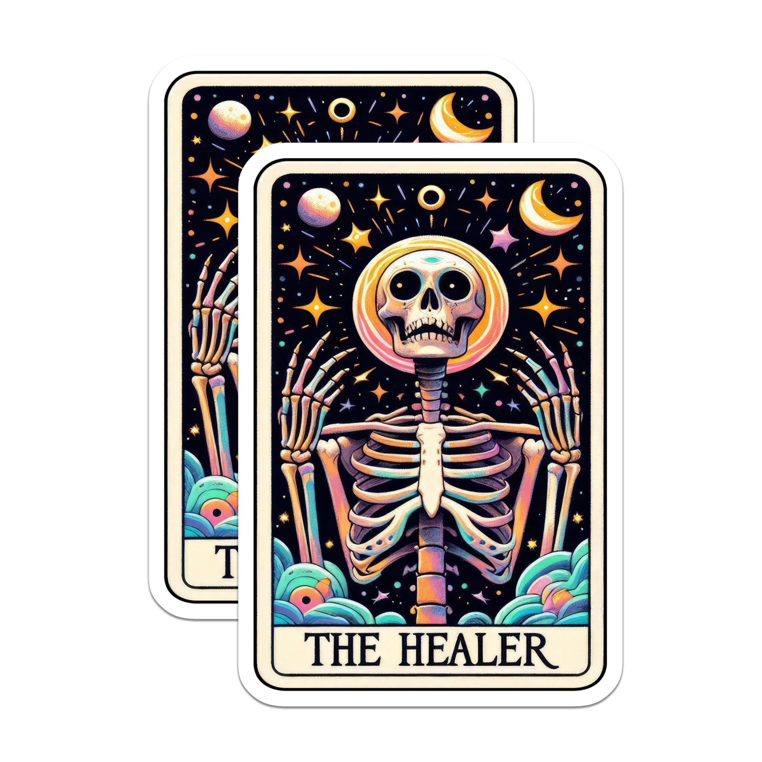(2 Pack) The Healer Stickers - Mystical Skeleton Decal - Tarot Card Art Sticker - 5" On Longest Side - Sticks to Smooth Flat Surfaces - Made in USA - BMCS5426