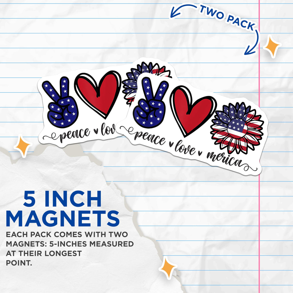 (2 Pack) Peace Love Merica Magnets - Patriotic Sunflower Decor - Fourth of July Fridge - 5 Inches On Longest Side - Thick Durable Magnet - Made in USA - MAG25964