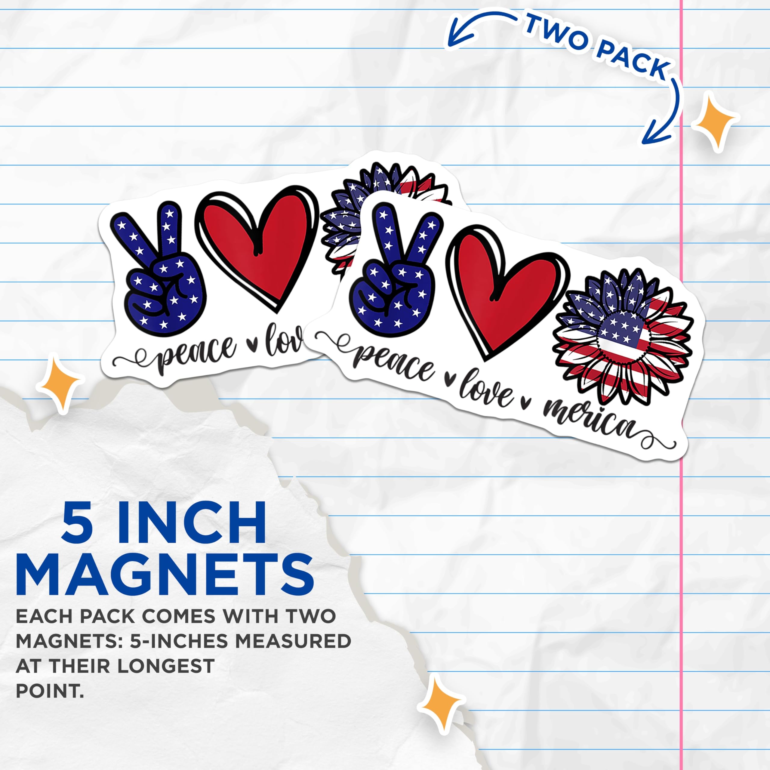 (2 Pack) Peace Love Merica Magnets - Patriotic Sunflower Decor - Fourth of July Fridge - 5 Inches On Longest Side - Thick Durable Magnet - Made in USA - MAG25964