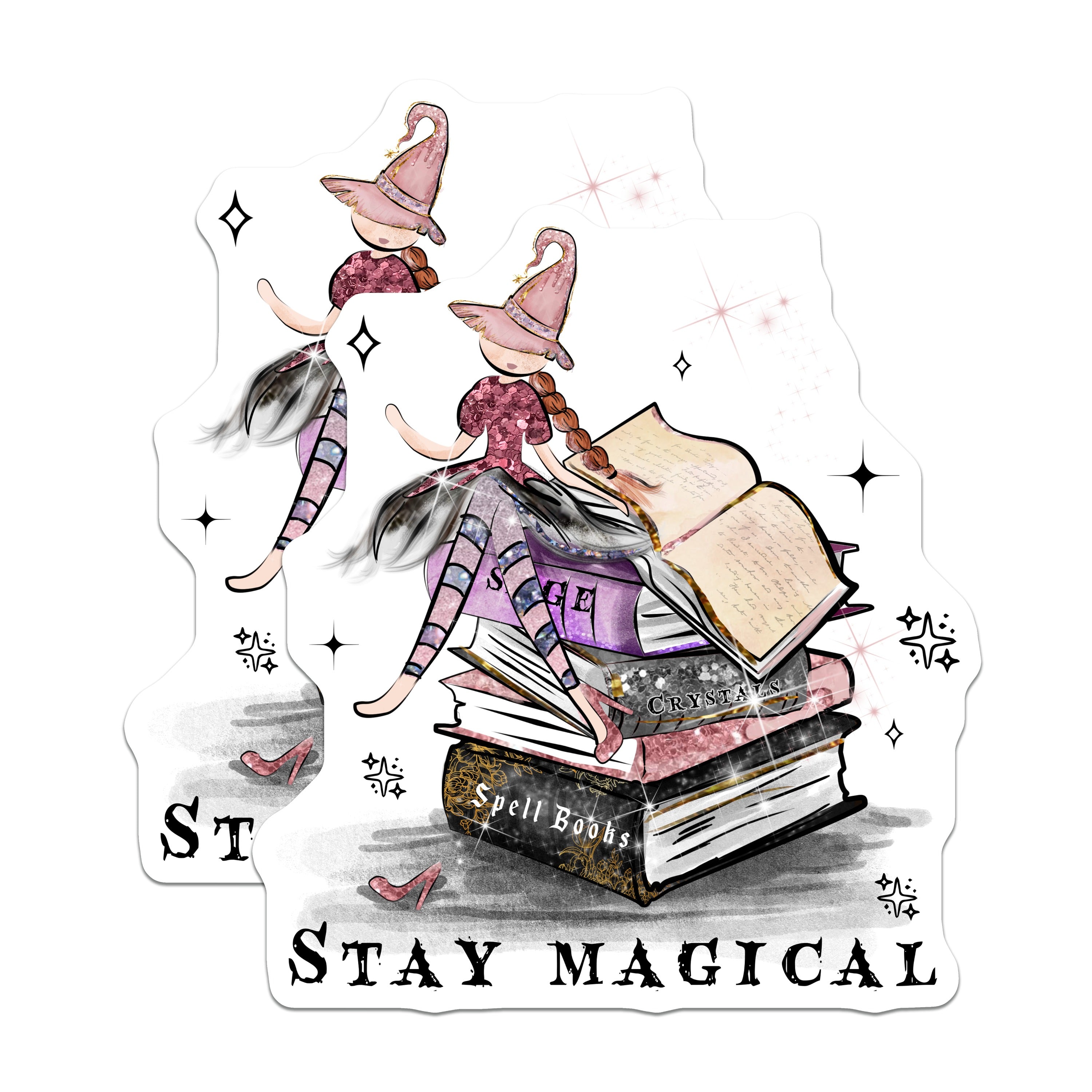 (2 Pack) Whimsical Witch Magnets - Magical Books Decor - Stay Magical Charm Fridge Locker - 5 Inches On Longest Side - Thick Durable Magnet - Made in USA - MAG39409