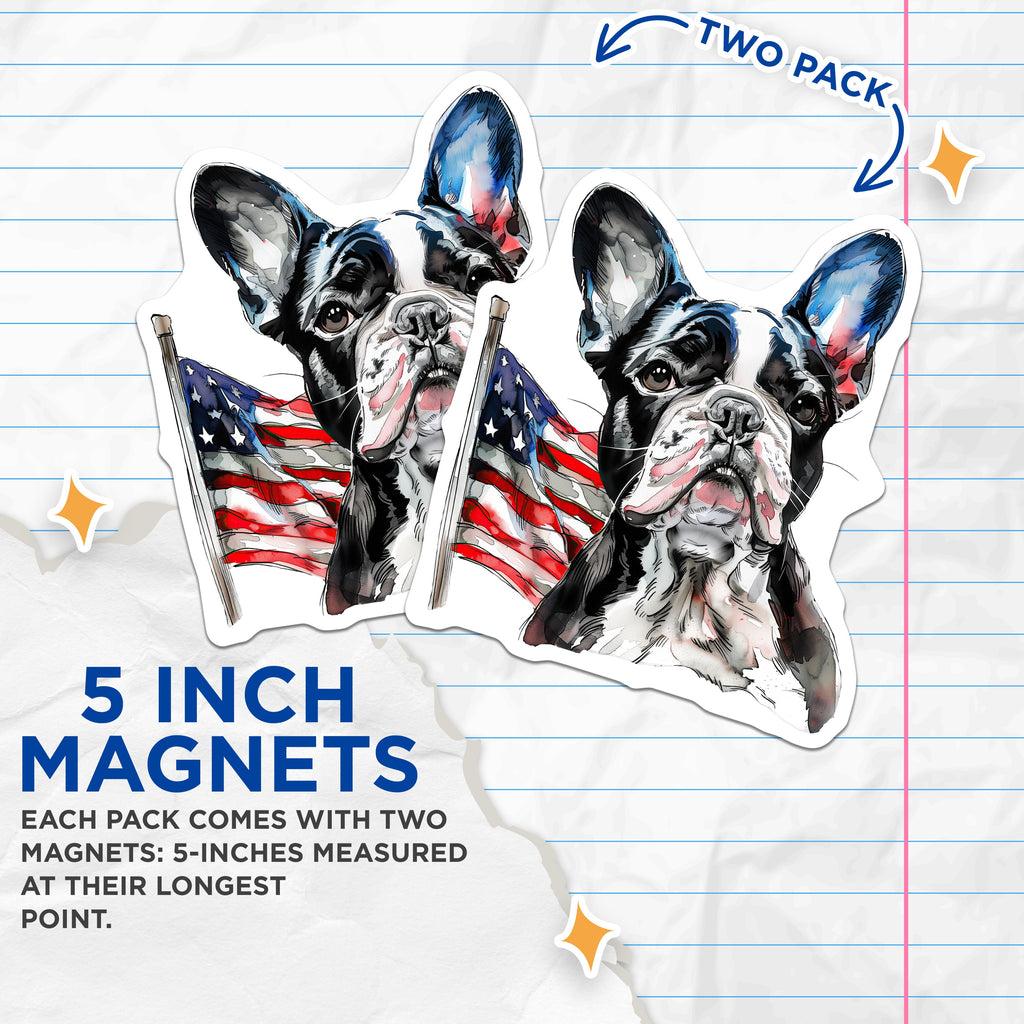 (2 Pack) Boston Terrier Magnets - American Flag Dog Art - Patriotic Pet Decor - Fridge Locker Accent - 5 Inches On Longest Side - Thick Durable Magnet - Made in USA - MAG39626