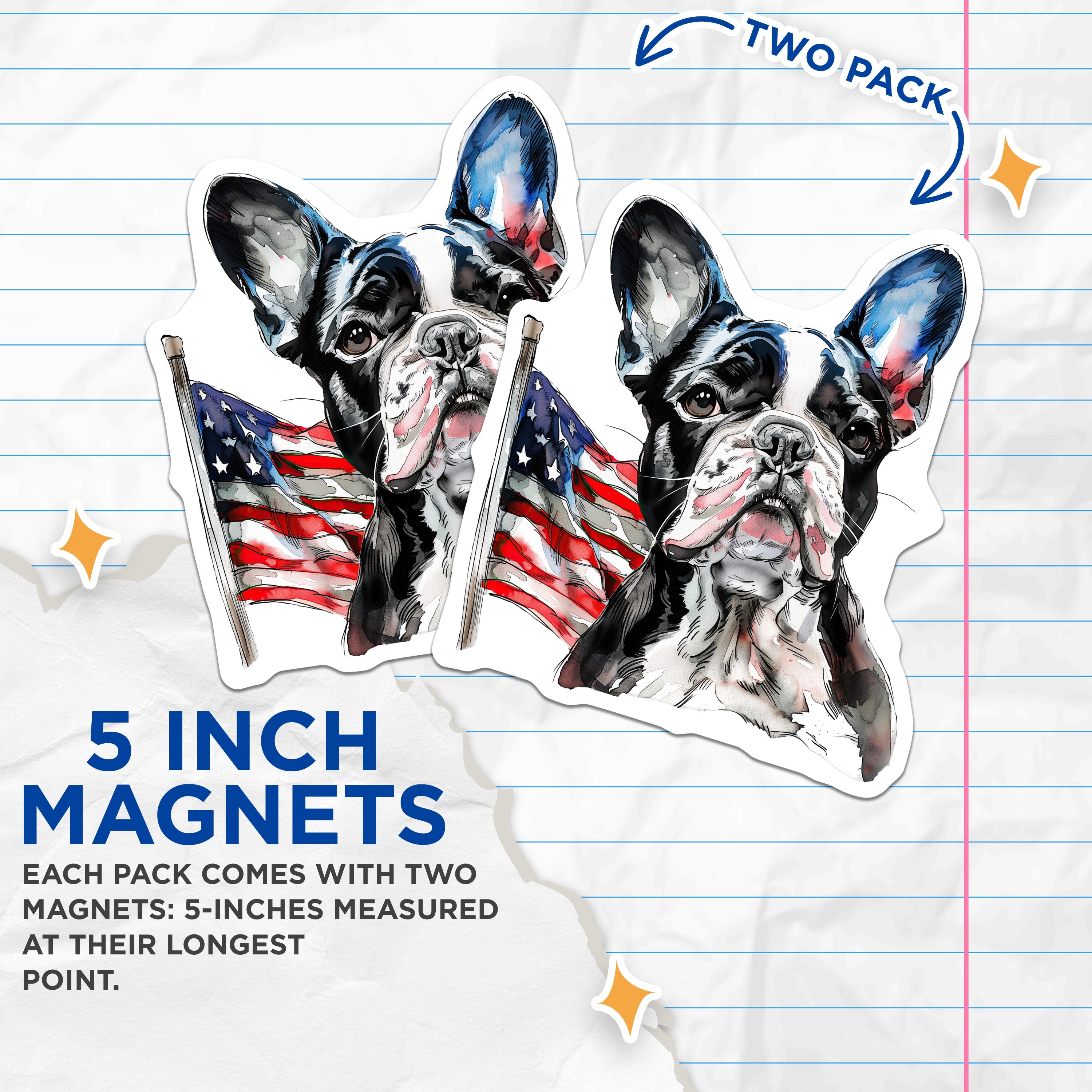 (2 Pack) Boston Terrier Magnets - American Flag Dog Art - Patriotic Pet Decor - Fridge Locker Accent - 5 Inches On Longest Side - Thick Durable Magnet - Made in USA - MAG39626