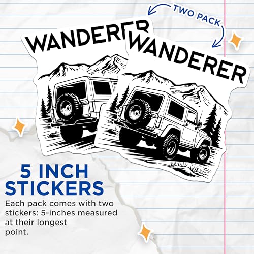 (2 Pack) Wanderer Stickers - Adventure Stickers - Off-Road Mountain Stickers - 5" On Longest Side - Sticks to Smooth Flat Surfaces - Made in USA - BMCS5892