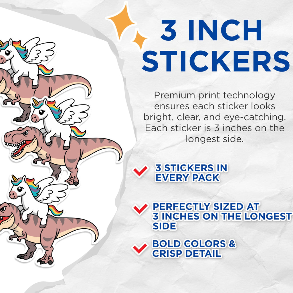 (3 Pack) Unicorn Riding Dinosaur Decals - Fantasy Creatures - Funny Animal Decal - 3 Inches On Longest Side - Easy Peel & Apply - Made in USA - 3MCS0951
