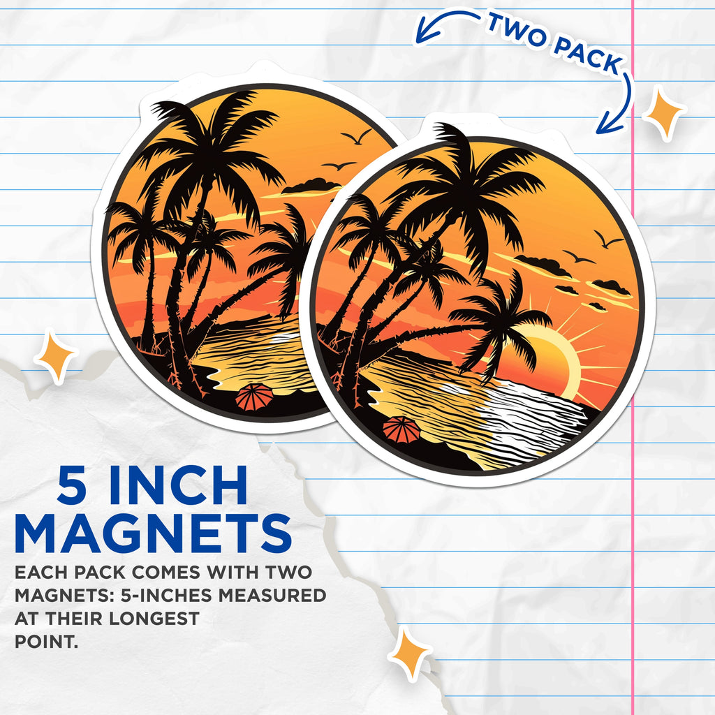 (2 Pack) Tropical Sunset Magnets - Beach Palm Tree Ocean View - Summer Vacation Travel Theme Refrigerator Decor - 5 Inches On Longest Side - Thick Durable Magnet - Made in USA - MAG36502