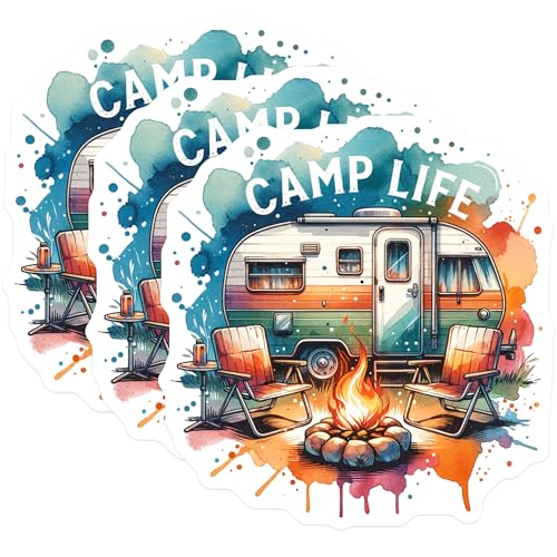 (3 Pack) Camp Life Decals - Camper Van Stickers - Bonfire Camping Art- 3 Inches On Longest Side - Easy Peel & Apply - Made in USA - 3MCS5605