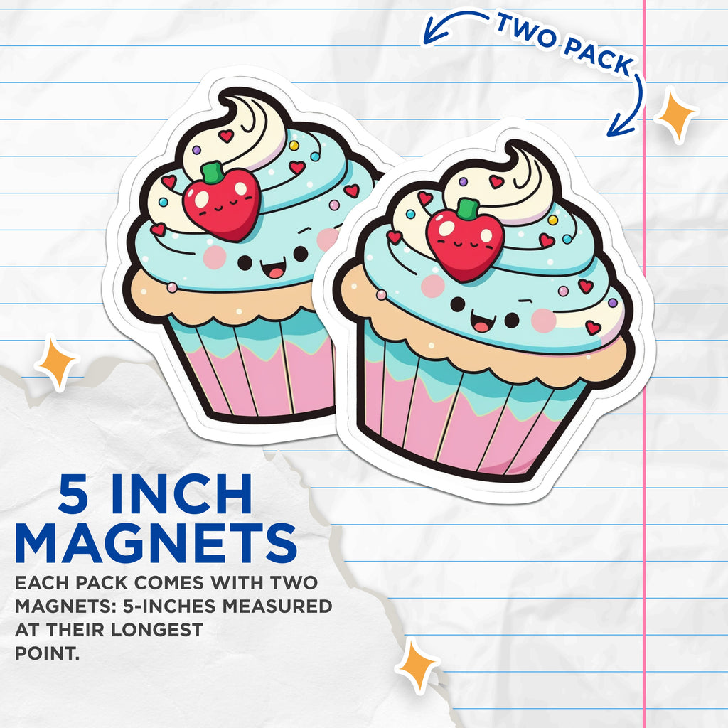 (2 Pack) Kawaii Cupcake Magnets - Dessert Refrigerator Decor - Sweet Treat Locker Accessory - 5 Inches On Longest Side - Thick Durable Magnet - Made in USA - MAG39445