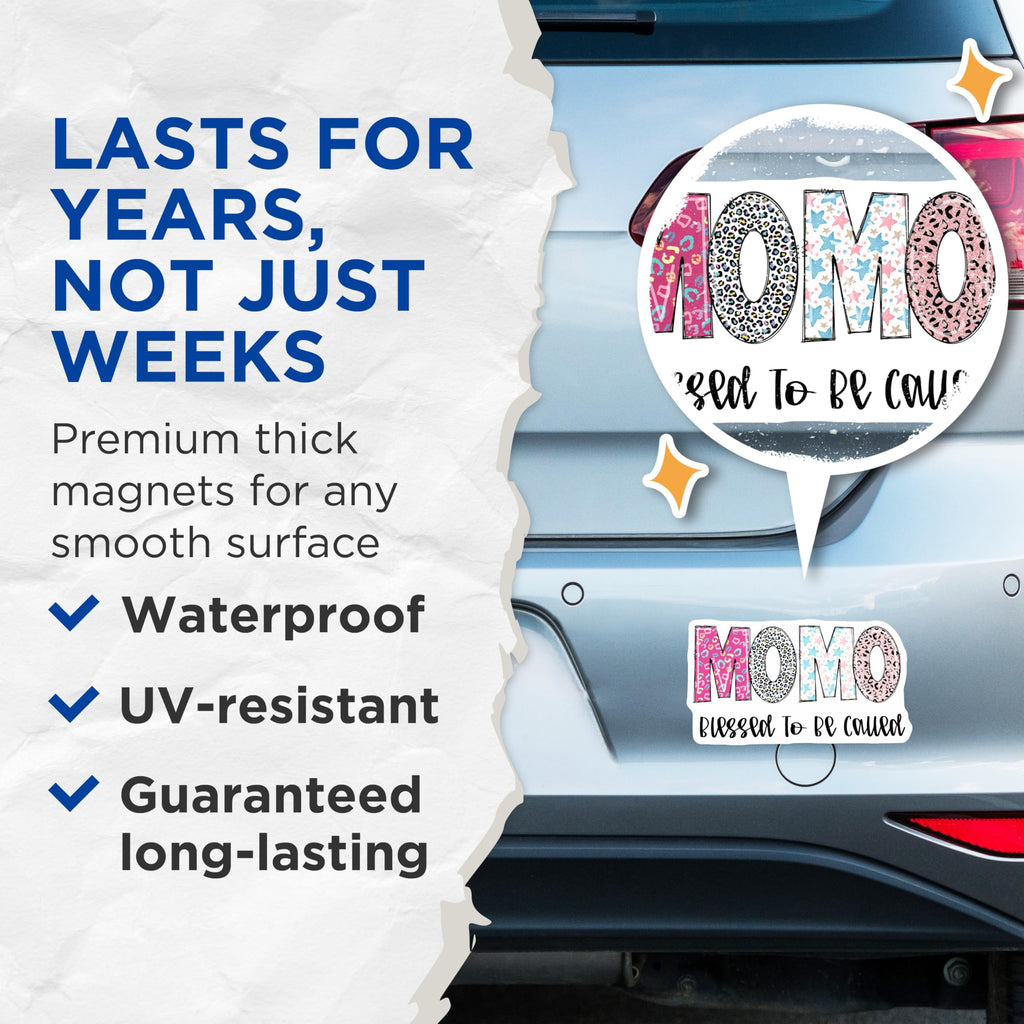 (2 Pack) Momo Magnets - Blessed Momo - Patterned Momo Names - 5" On Longest Side - Premium Magnet - for Cars, Refrigerators, Toolboxes, Lockers - Made in USA - MAG15150