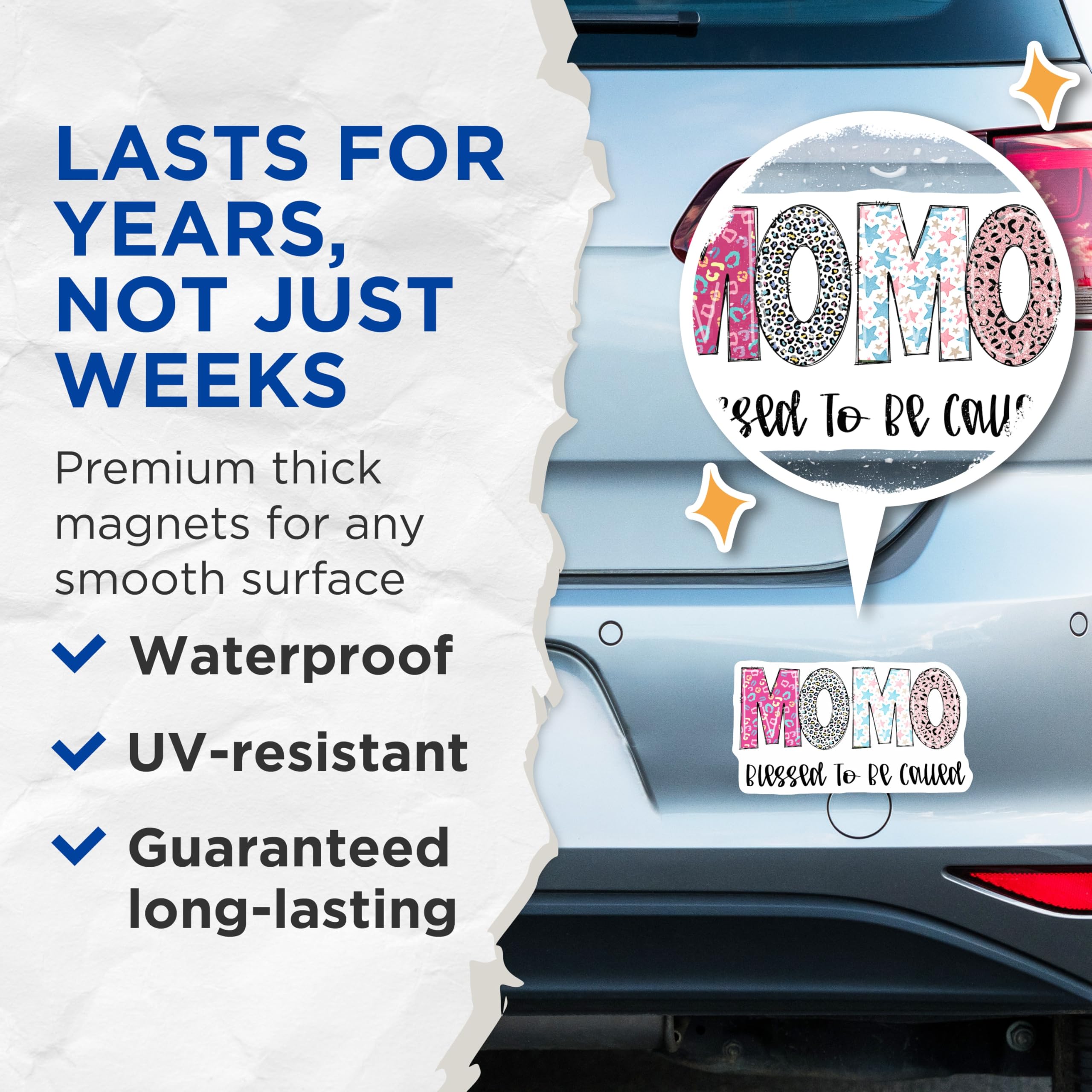 (2 Pack) Momo Magnets - Blessed Momo - Patterned Momo Names - 5" On Longest Side - Premium Magnet - for Cars, Refrigerators, Toolboxes, Lockers - Made in USA - MAG15150