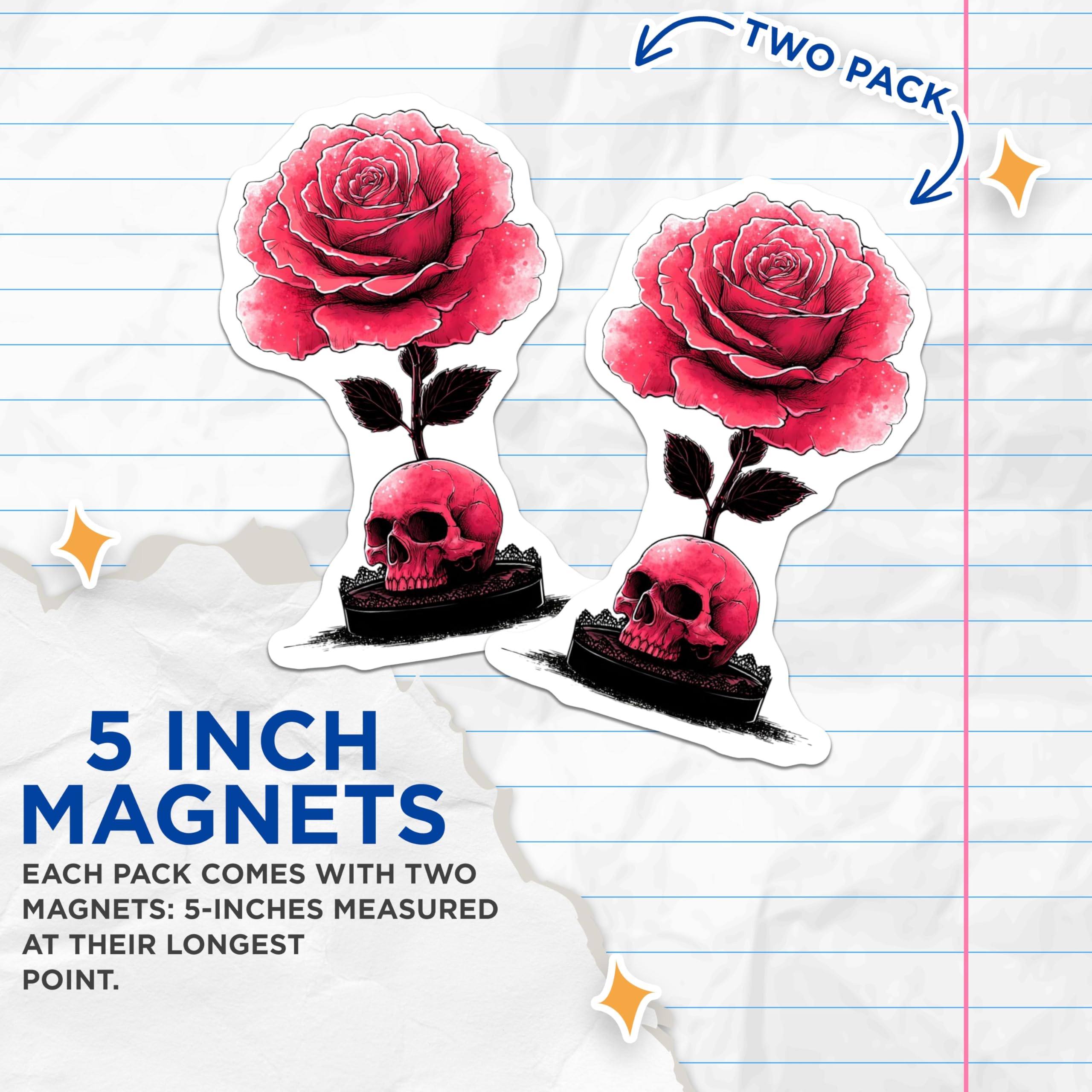 (2 Pack) Gothic Skull Rose Magnets - Macabre Floral Art - Dark Academia Decor - 5 Inches On Longest Side - Thick Durable Magnet - Made in USA - MAG21359
