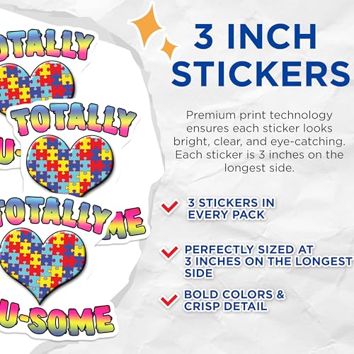 (3 Pack) Autism Awareness Decals - Puzzle Heart Love - Autistic Support Decals- 3 Inches On Longest Side - Easy Peel & Apply - Made in USA - 3MCS5624
