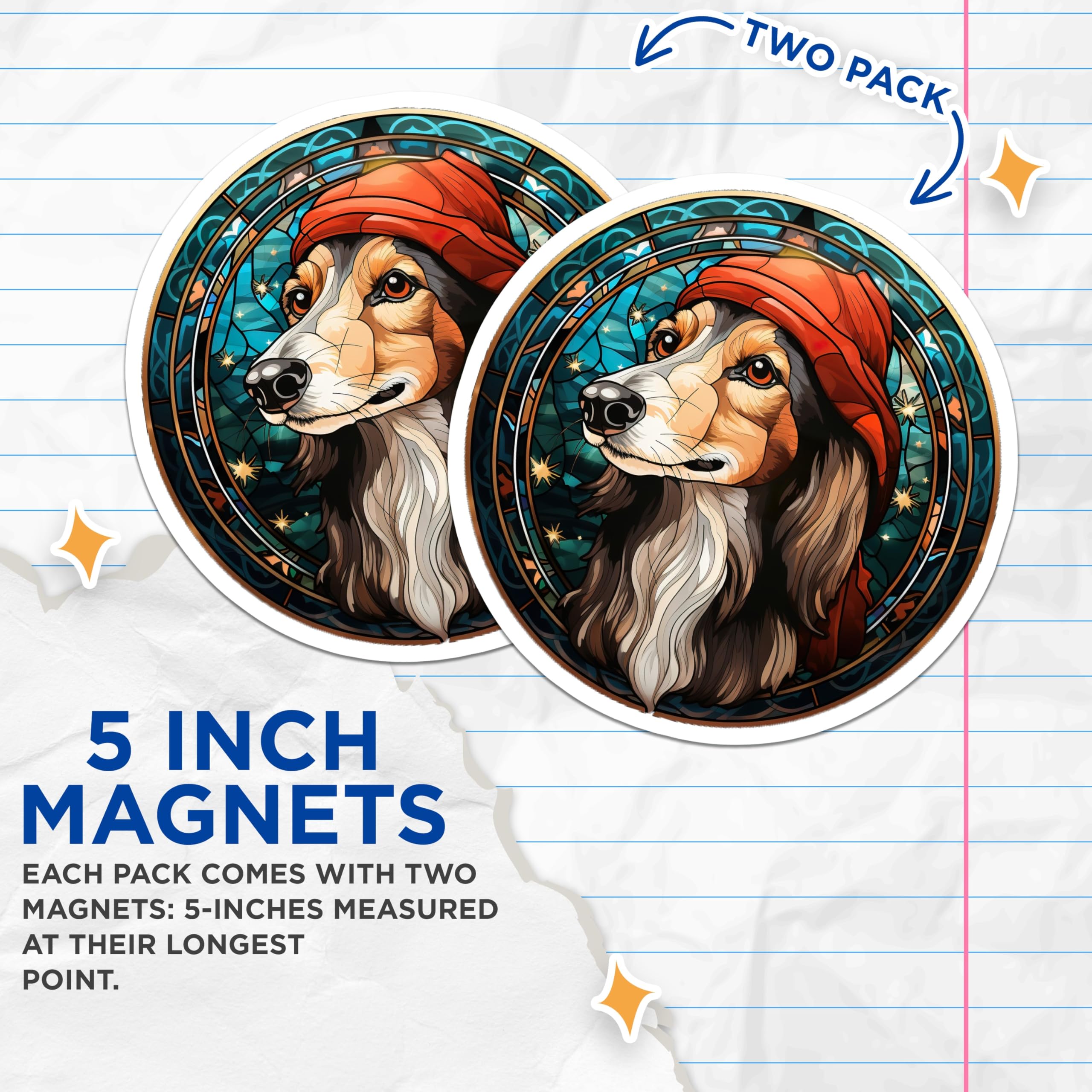 (2 Pack) Stained Glass Dog Magnets - Red Hooded Canine Pet Art Decor - Whimsical Refrigerator Accents - 5 Inches On Longest Side - Thick Durable Magnet - Made in USA - MAG23681