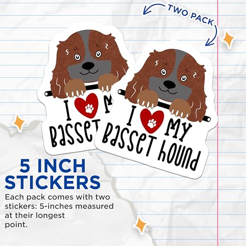(2 Pack) I Love My Basset Hound Stickers - Dog Lover Stickers - Cute Pet Stickers - Animal Stickers for Dog Owners - 5" On Longest Side - Sticks to Smooth Flat Surfaces - Made in USA - BMCS4293