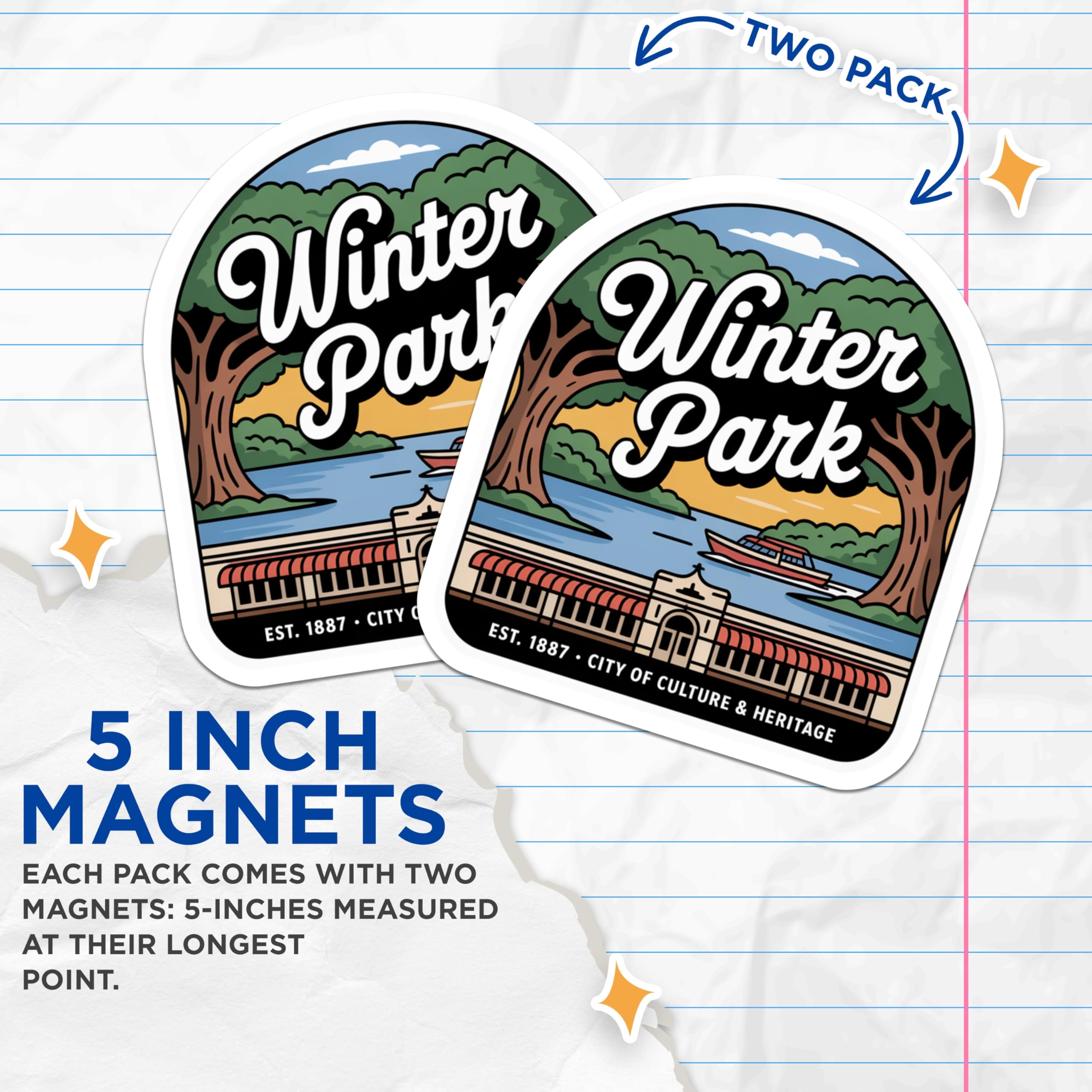 (2 Pack) Winter Park Florida Magnets - City of Culture Heritage - Scenic Lake Boat View - 5 Inches On Longest Side - Thick Durable Magnet - Made in USA - MAG19161