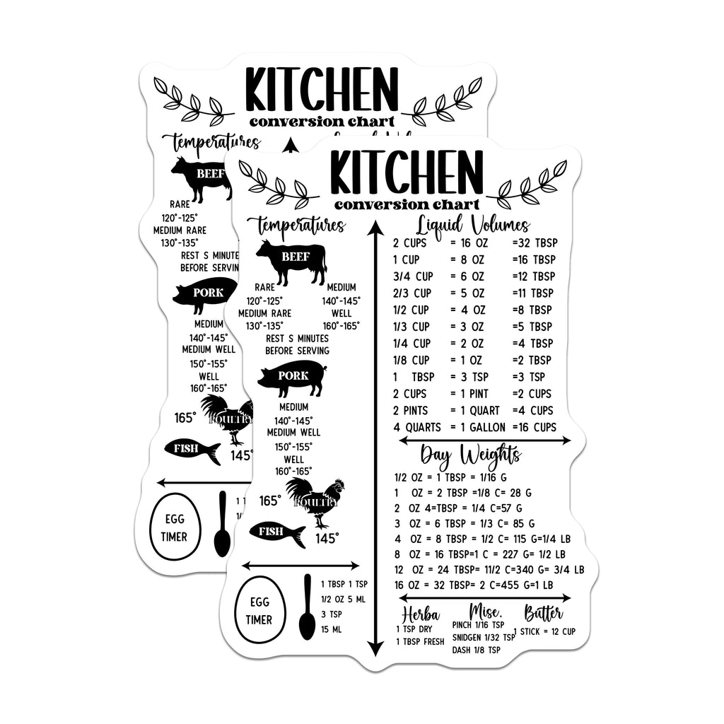 (2 Pack) Kitchen Conversion Chart Magnets - Cooking Measurement Guide - Meat Temperature Helper - Recipe Essential Home Cooks - 5 Inches On Longest Side - Thick Durable Magnet - Made in USA - MAG37651
