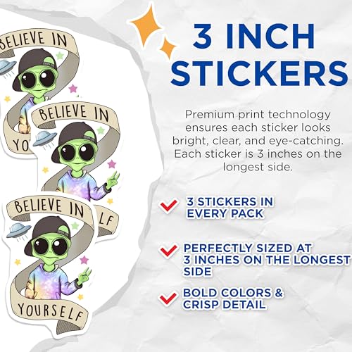(3 Pack) Alien Laptop Decals - Believe in Yourself - UFO Outer Space Sticker - 3 Inches On Longest Side - Easy Peel & Apply - Made in USA - 3MCS6534