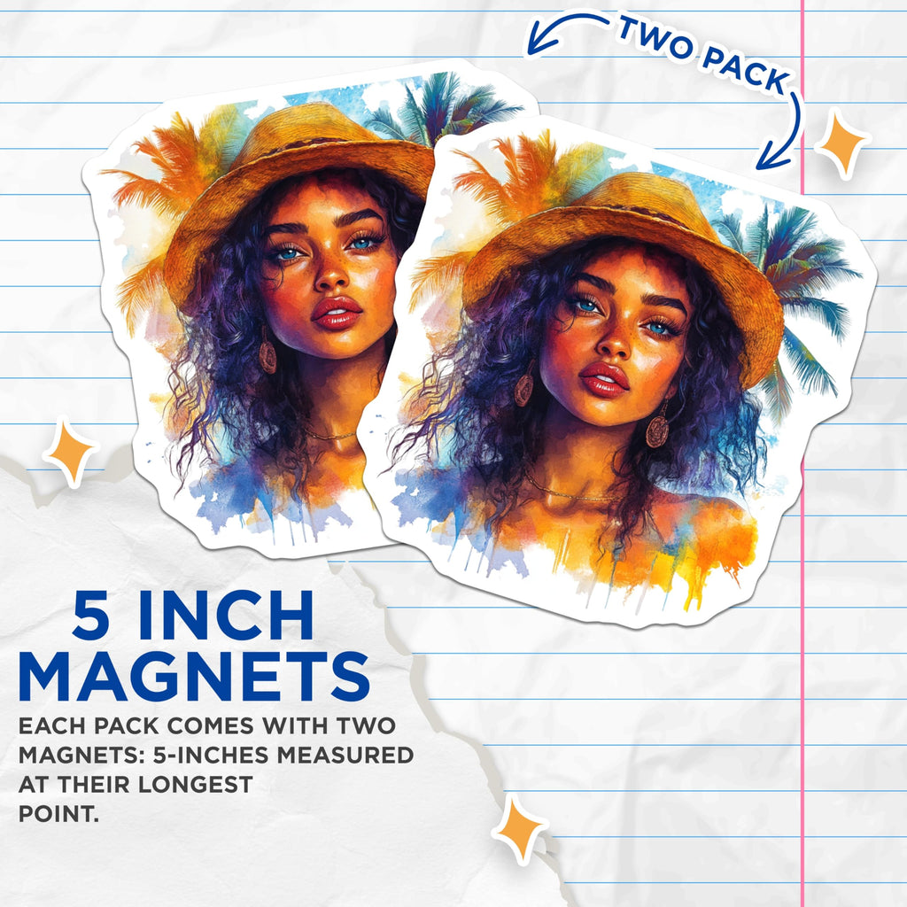 (2 Pack) Tropical Woman Magnets - Watercolor Art Print - Boho Summer Decor - 5 Inches On Longest Side - Thick Durable Magnet - Made in USA - MAG25382
