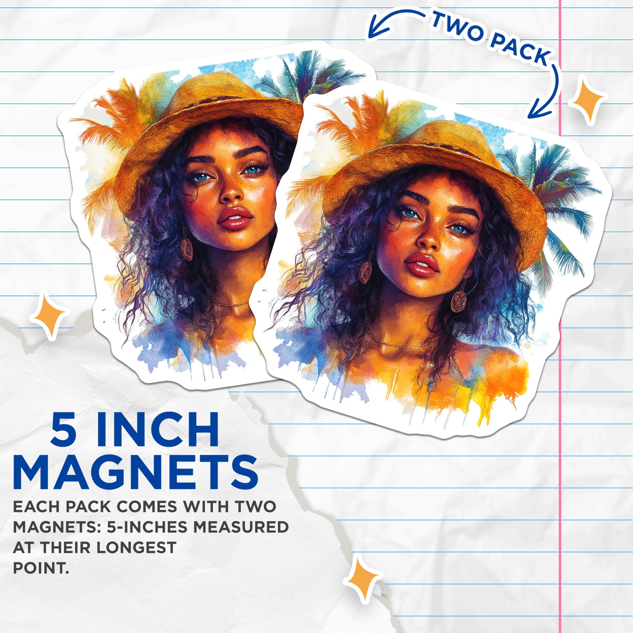 (2 Pack) Tropical Woman Magnets - Watercolor Art Print - Boho Summer Decor - 5 Inches On Longest Side - Thick Durable Magnet - Made in USA - MAG25382