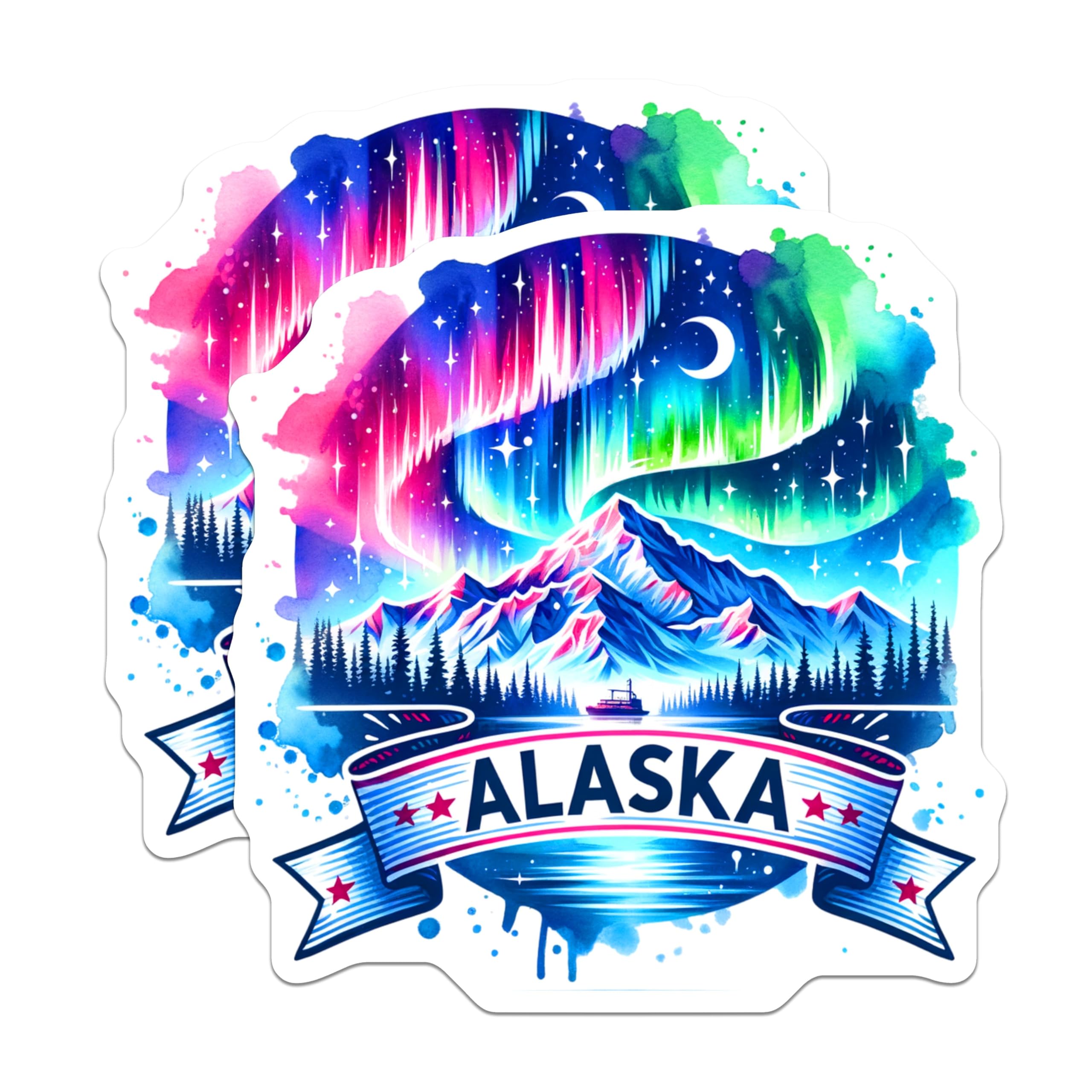 (2 Pack) Alaska Stickers - Northern Lights Design - Scenic Travel Decal - 5" On Longest Side - Sticks to Smooth Flat Surfaces - Made in USA - BMCS6448