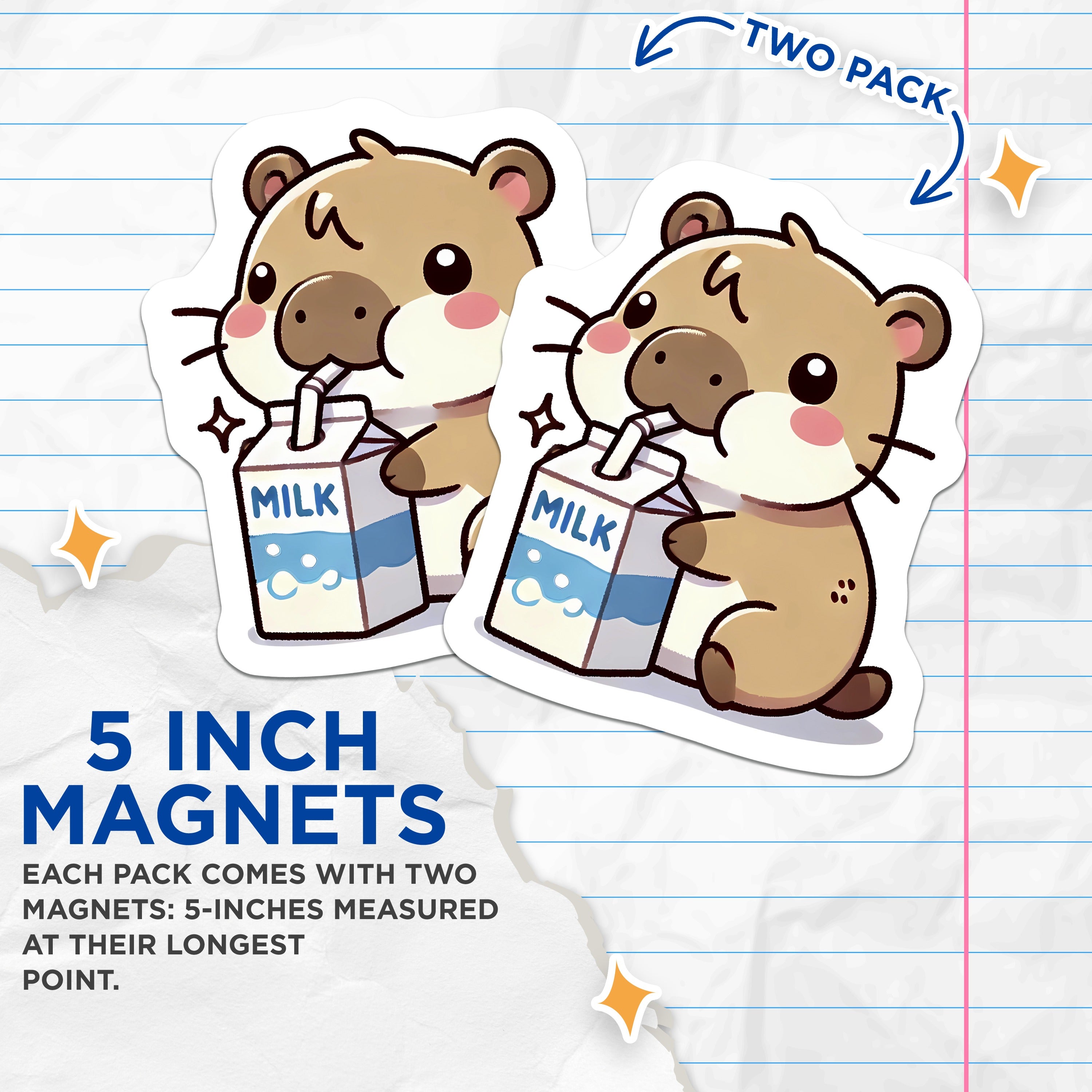(2 Pack) Kawaii Hamster Milk Magnets - Cute Animal Fridge Decor - Aesthetic Chibi Student Accessories - 5 Inches On Longest Side - Thick Durable Magnet - Made in USA - MAG38301