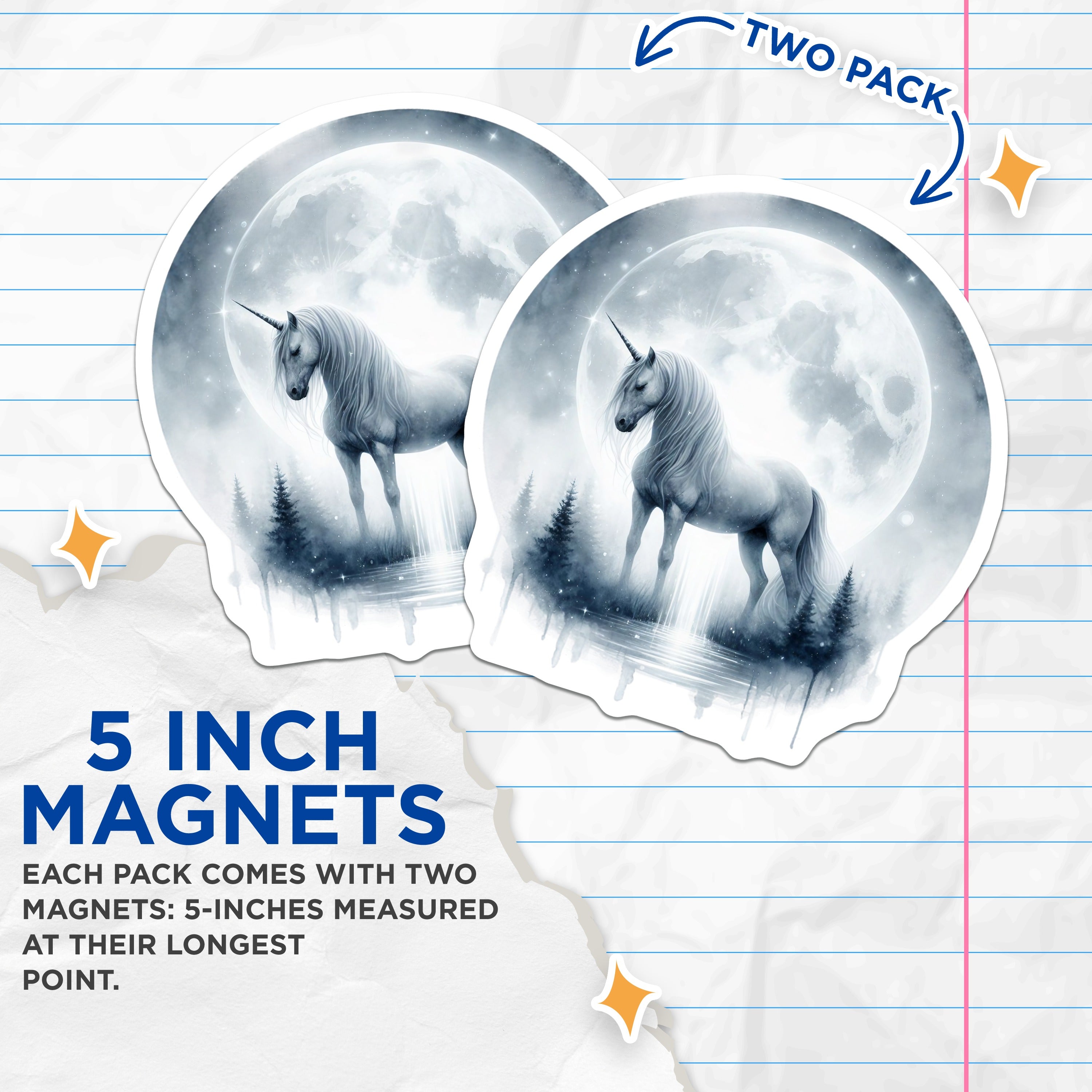 (2 Pack) Unicorn Full Moon Magnets - Mystical Forest Decor - Celestial Fantasy Art - 5 Inches On Longest Side - Thick Durable Magnet - Made in USA - MAG38778