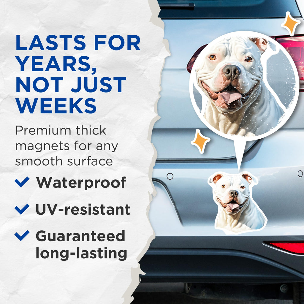 (2 Pack) White Pitbull Magnets - Smiling Pitbull Dog - American Pit Bull Terrier Decor - Dog Lover Owner Home Accent - 5 Inches On Longest Side - Thick Durable Magnet - Made in USA - MAG29547