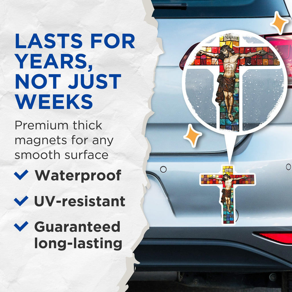 (2 Pack) Jesus Crucifix Magnets - Faux Stained Glass Effect - Christian Religious Art Home Decor - 5 Inches On Longest Side - Thick Durable Magnet - Made in USA - MAG36119
