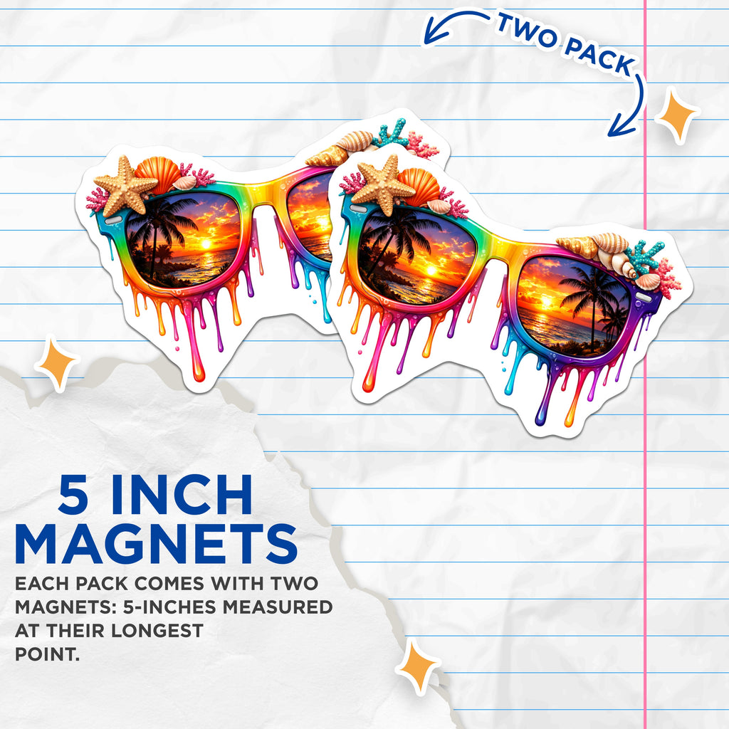 (2 Pack) Rainbow Sunglasses Magnets - Beach Sunset View - Tropical Ocean Vibes - Summer Coastal Decor - 5 Inches On Longest Side - Thick Durable Magnet - Made in USA - MAG36221