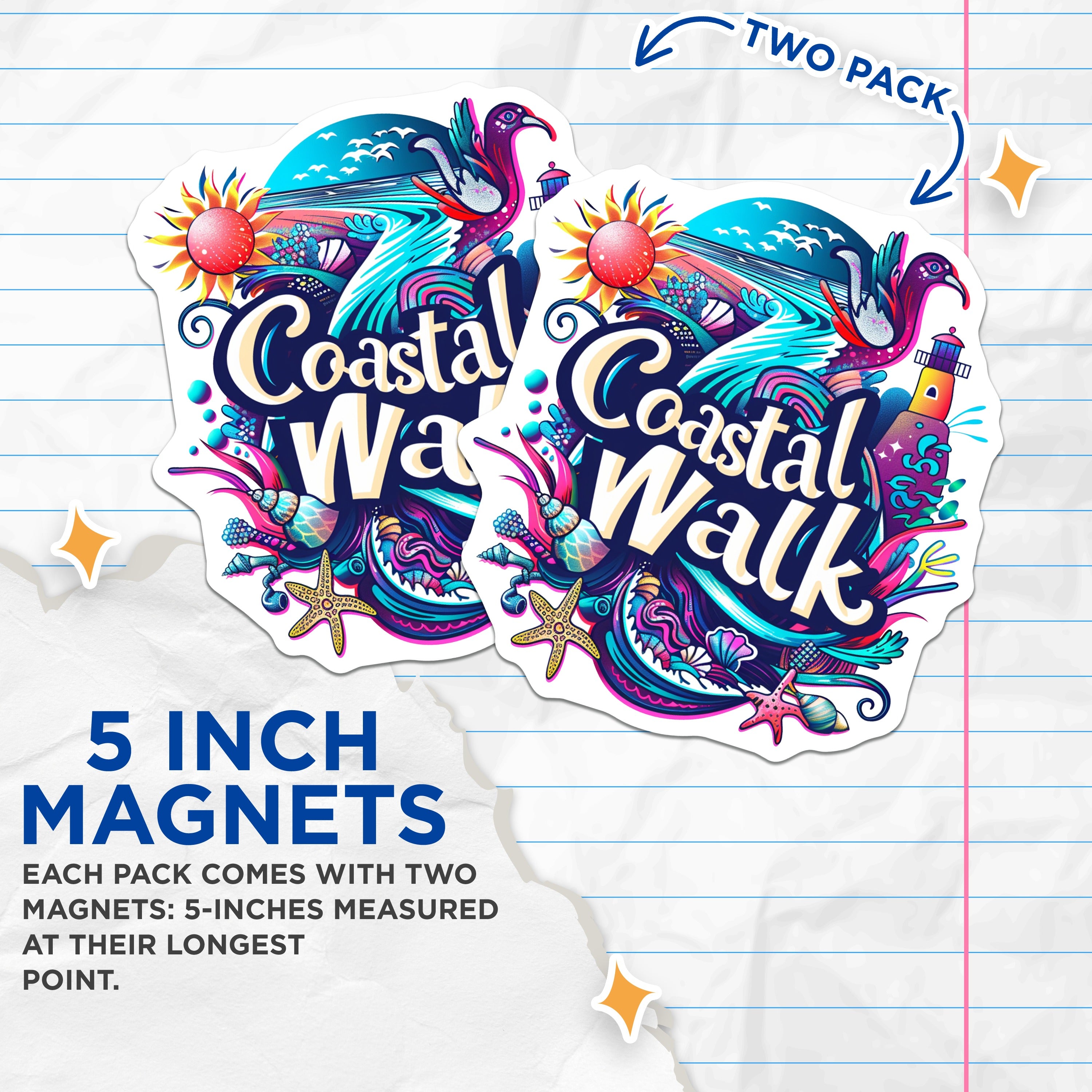 (2 Pack) Coastal Walk Magnets - Vibrant Ocean Scene - Lighthouse Seashell Art - 5 Inches On Longest Side - Thick Durable Magnet - Made in USA - MAG38808
