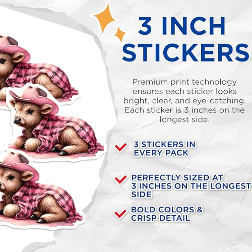 (3 Pack) Highland Cow Decals - Cowboy Cow - Flannel Cow Decals - 3 Inches On Longest Side - Easy Peel & Apply - Made in USA - 3MCS2387