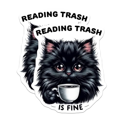 (2 Pack) Reading Trash is Fine Stickers - Funny Cat Coffee Lover Stickers - Cute Cat Sticker for Notebook - 5" On Longest Side - Sticks to Smooth Flat Surfaces - Made in USA - BMCS4596