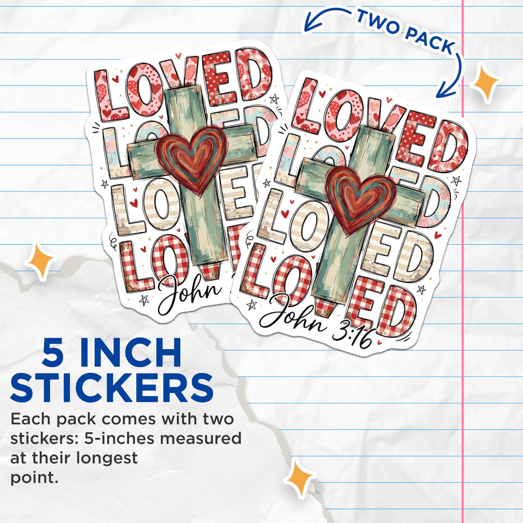(2 Pack) Loved John 3:16 Stickers - Christian Stickers - Religious Verse Stickers - 5" On Longest Side - Sticks to Smooth Flat Surfaces - Made in USA - BMCS15989