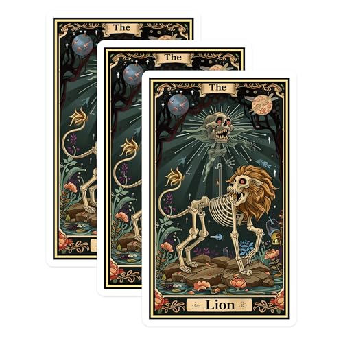 (3 Pack) Lion Tarot Decals - Skeleton Lion Art - Occult Laptop Decor - 3 Inches On Longest Side - Easy Peel & Apply - Made in USA - 3MCS2473