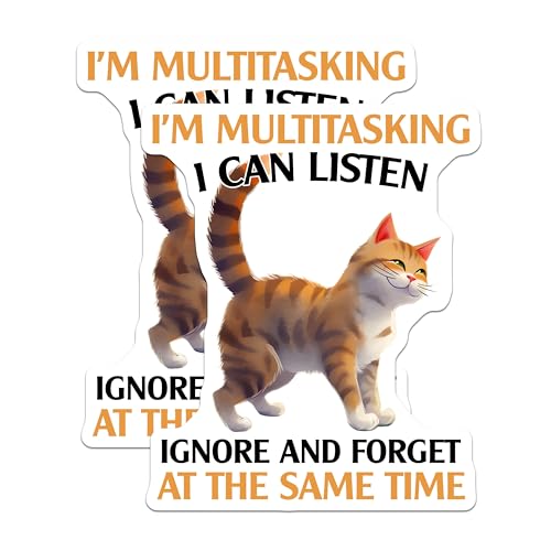 (2 Pack) Funny Cat Stickers - Multitasking Cat Decal - Humor Vinyl Decals - 5" On Longest Side - Sticks to Smooth Flat Surfaces - Made in USA - BMCS7726