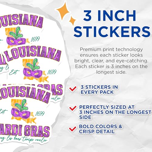 (3 Pack) Mardi Gras Louisiana Decals - Mask State - Laptop Decals- 3 Inches On Longest Side - Easy Peel & Apply - Made in USA - 3MCS5149