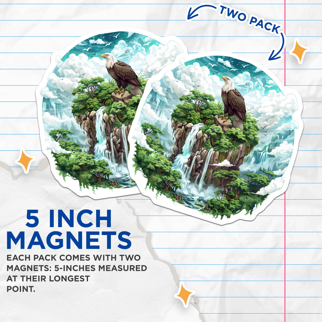 (2 Pack) Bald Eagle Fantasy Magnets - Majestic Nature Landscape Art - Wildlife Refrigerator Decor - Scenic Waterfall Island - 5 Inches On Longest Side - Thick Durable Magnet - Made in USA - MAG36398