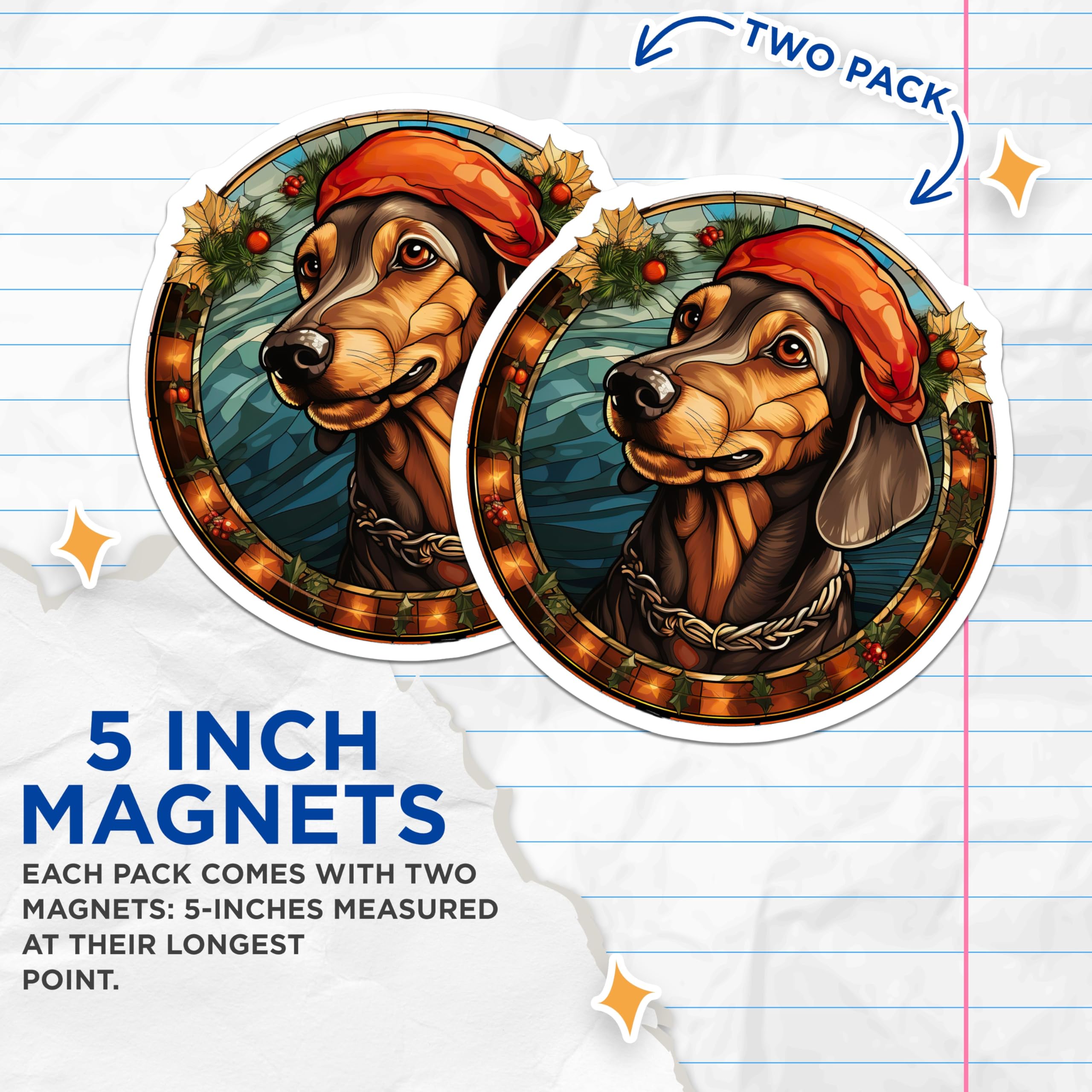 (2 Pack) Christmas Dachshund Magnets - Holiday Dog Decor - Stained Glass Art - 5 Inches On Longest Side - Thick Durable Magnet - Made in USA - MAG30131